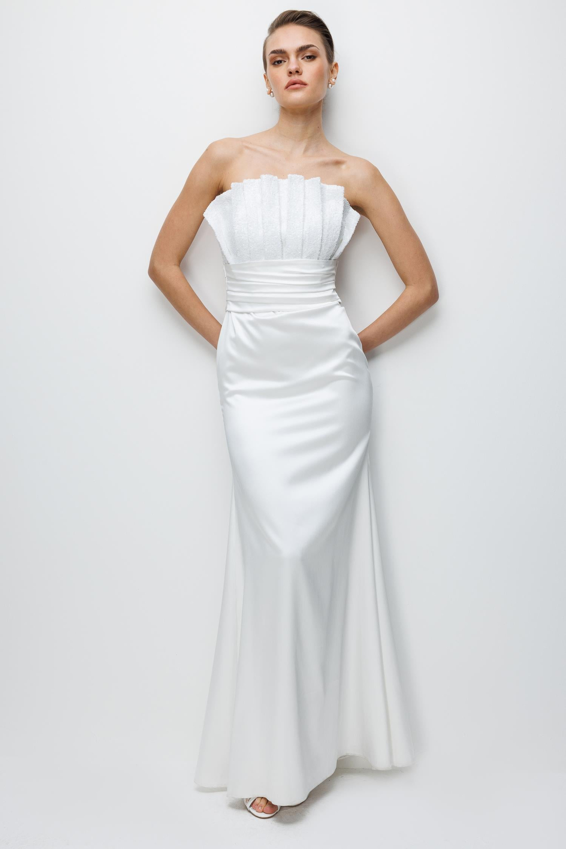 Payet İşleme Yaka Saten Elbise EKRU