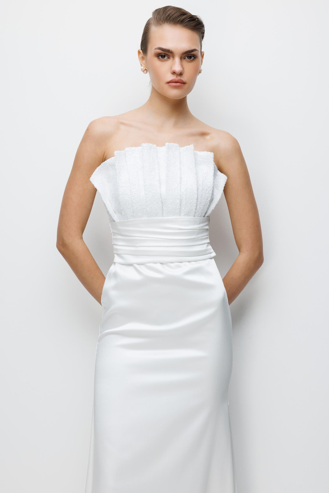 Payet İşleme Yaka Saten Elbise EKRU