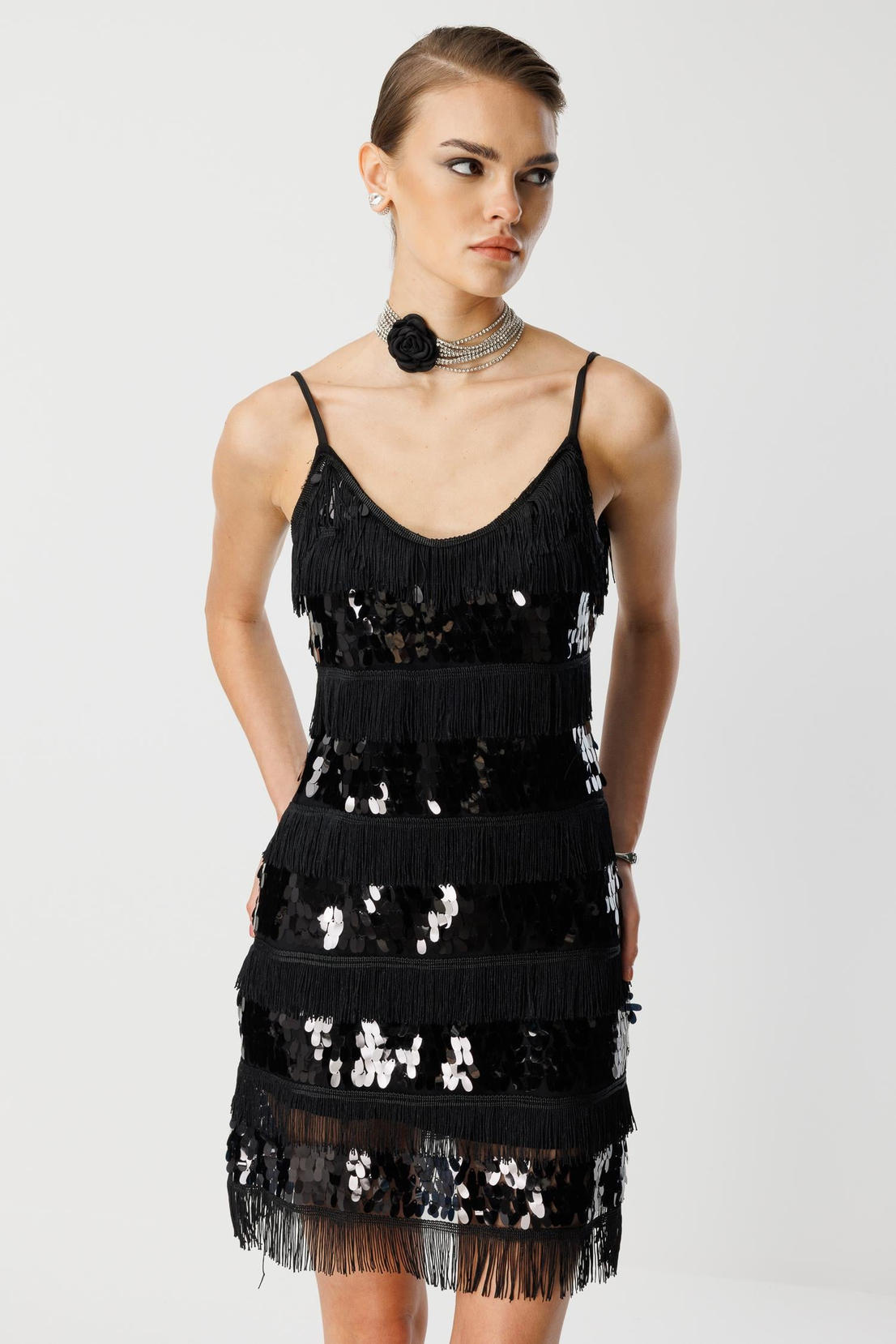 Payet Şerit Mini Elbise SİYAH