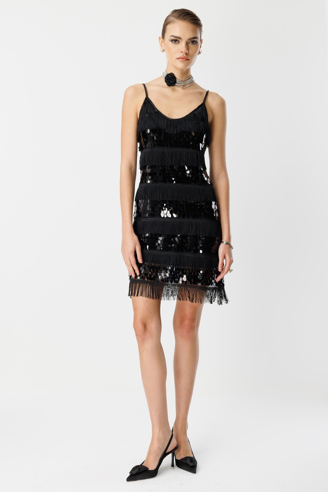 Payet Şerit Mini Elbise SİYAH