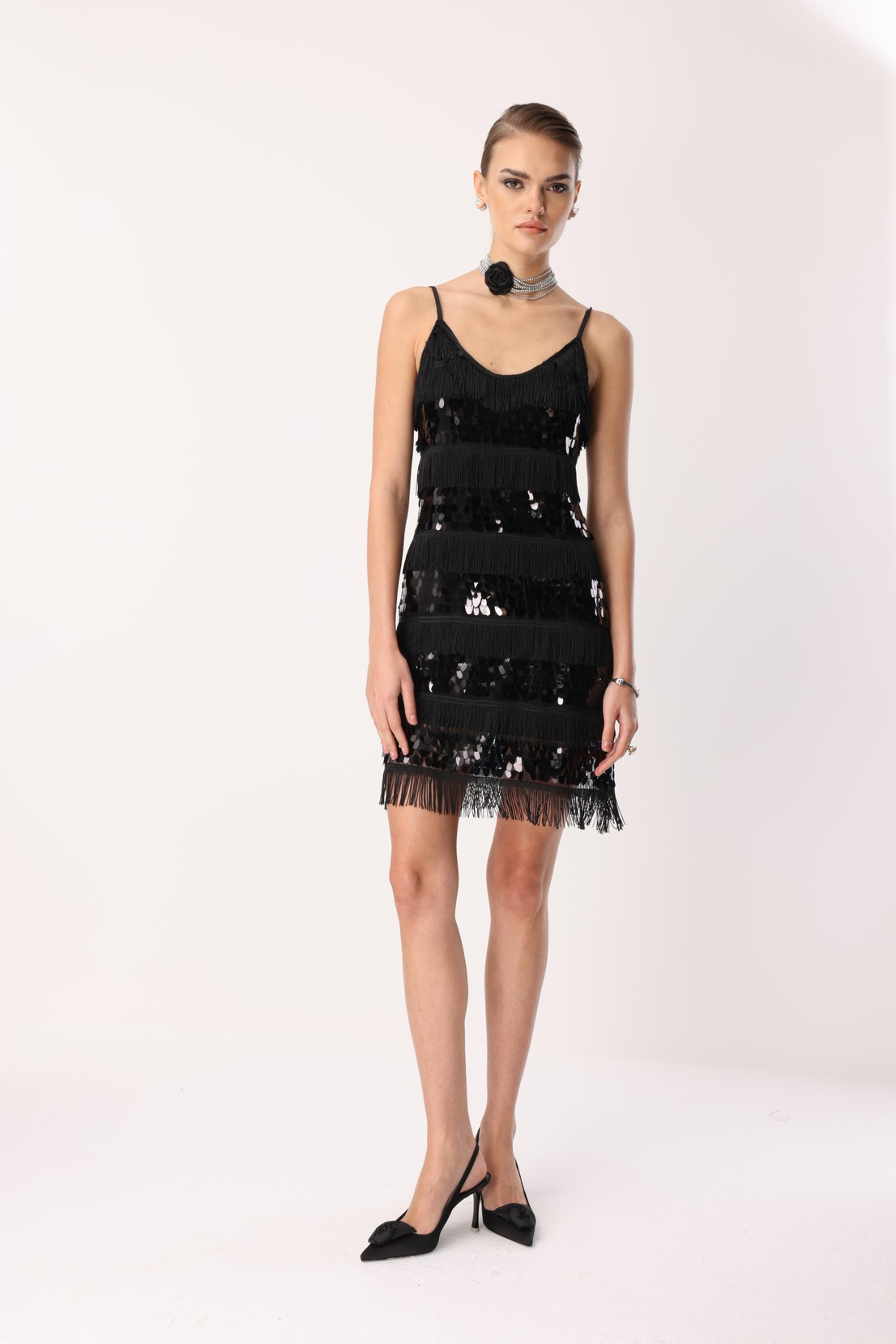 Payet Şerit Mini Elbise SİYAH