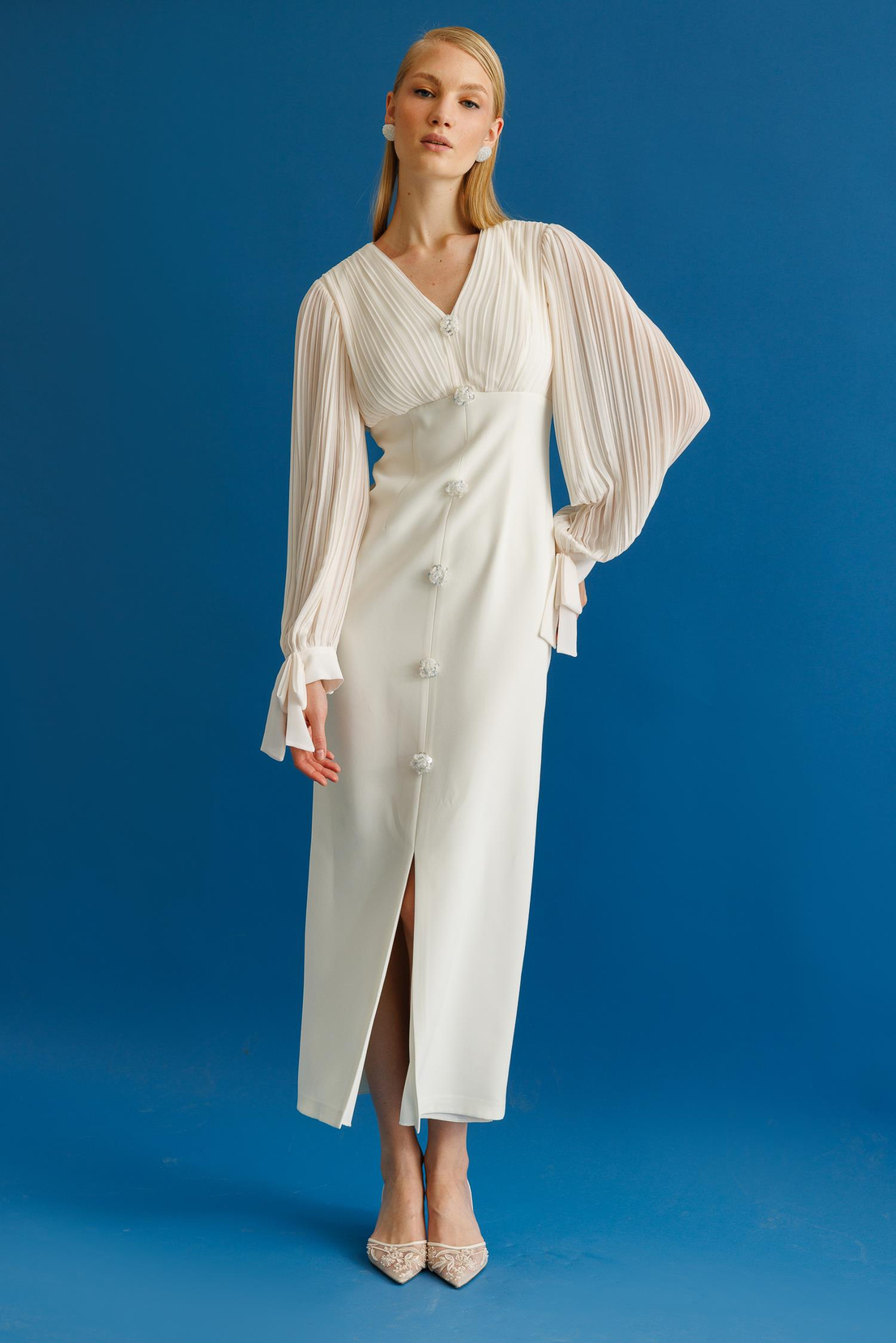 Pilise Detaylı İki Renkli Elbise EKRU