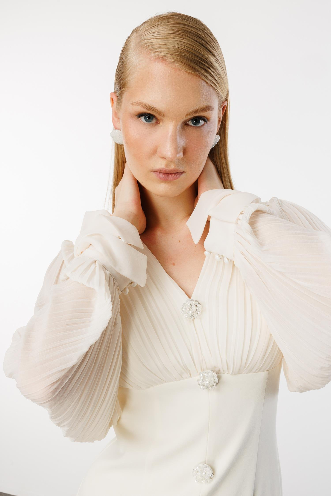 Pilise Detaylı İki Renkli Elbise EKRU