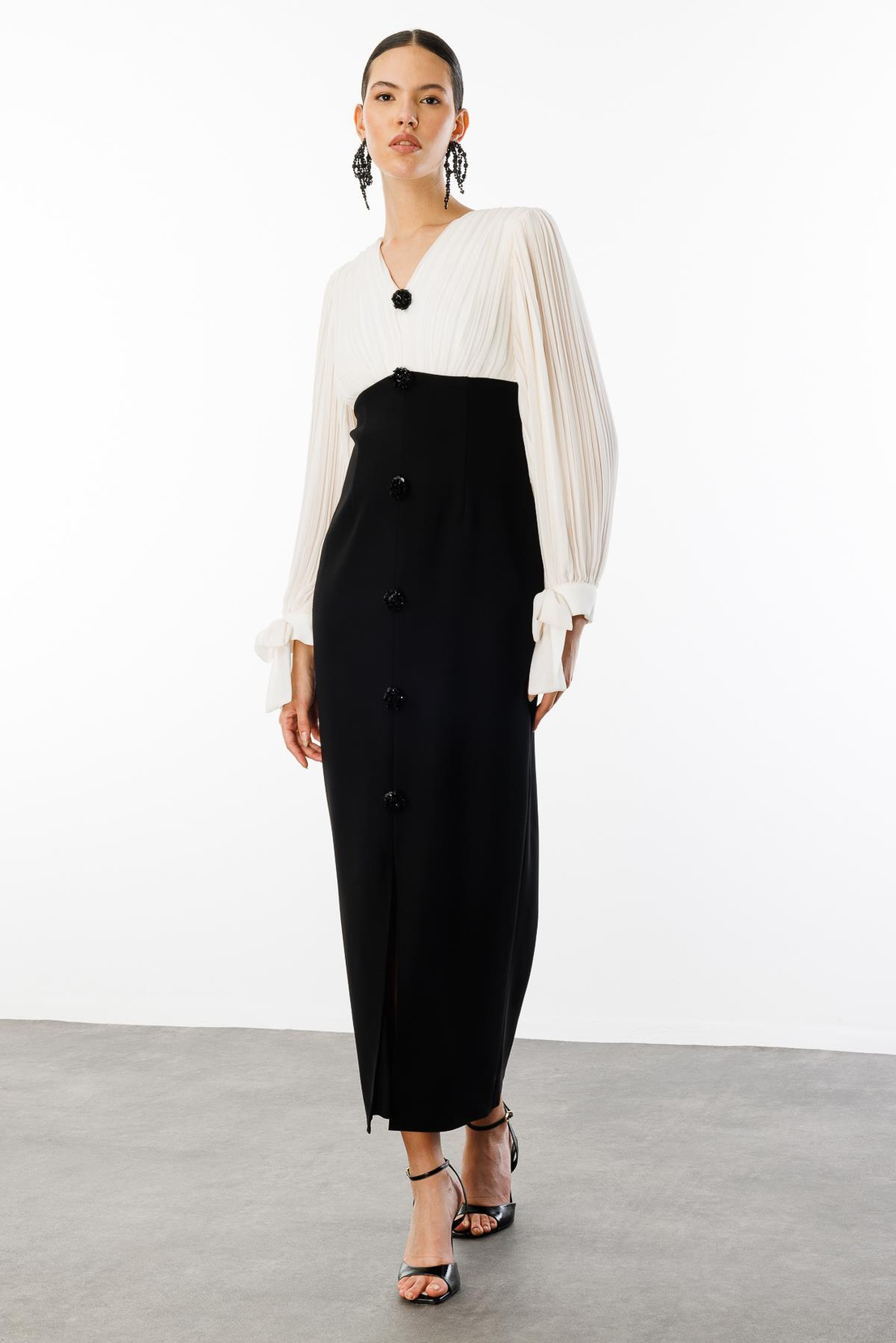 Pilise Detaylı İki Renkli Elbise SİYAH-EKRU