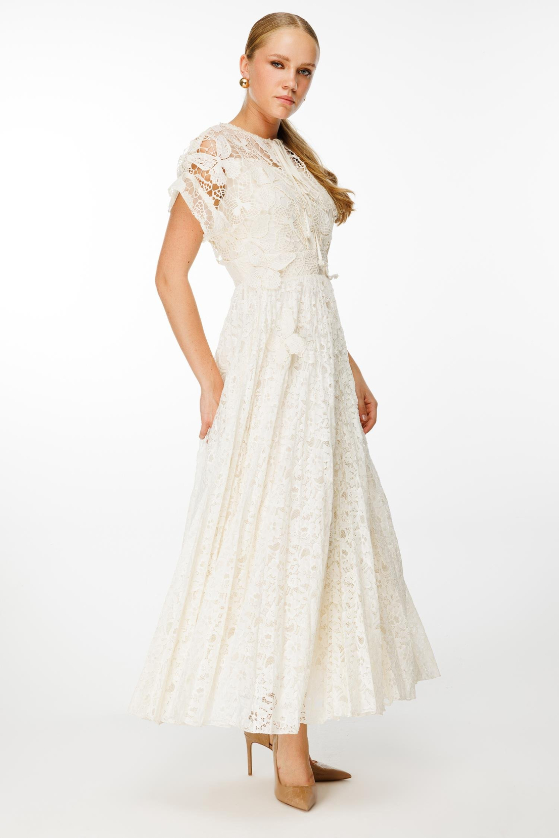 Pilise Etekli Kelebek Detaylı Elbise EKRU