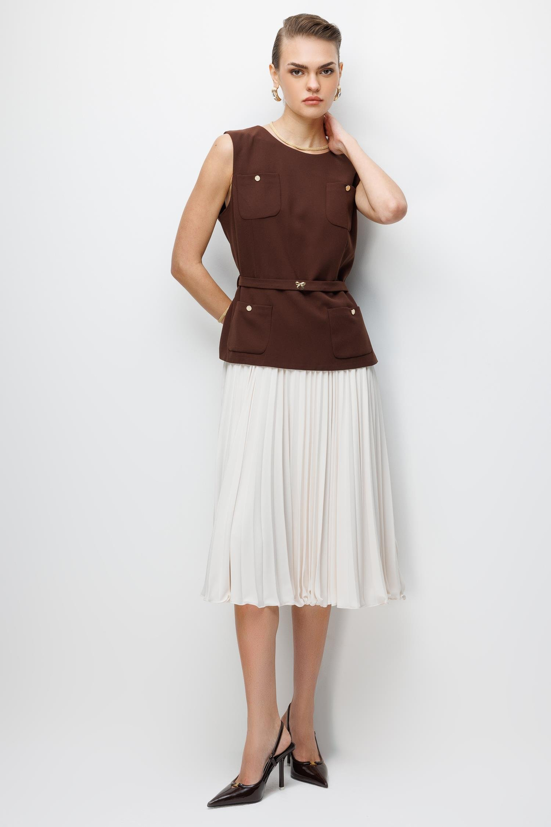 Pilise Etekli Krep Elbise KAHVE