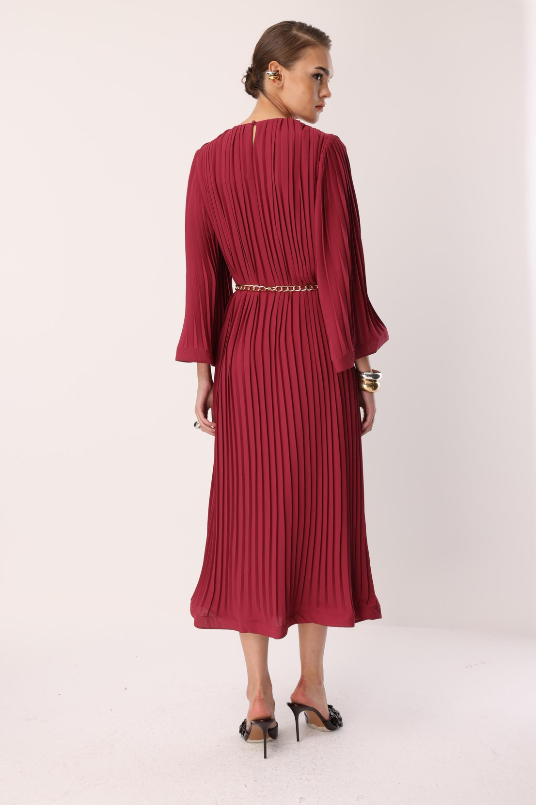 Piliseli Grenli Zincir Kemerli Elbise ROSE