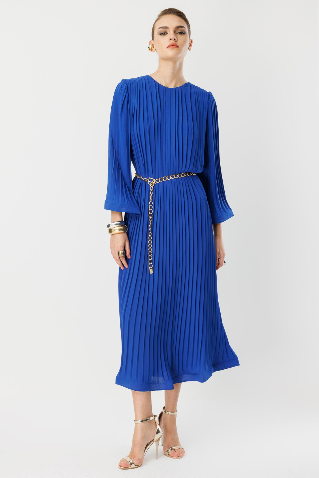 Nefeli Pleated Grainy Chain Belted Dress Blue