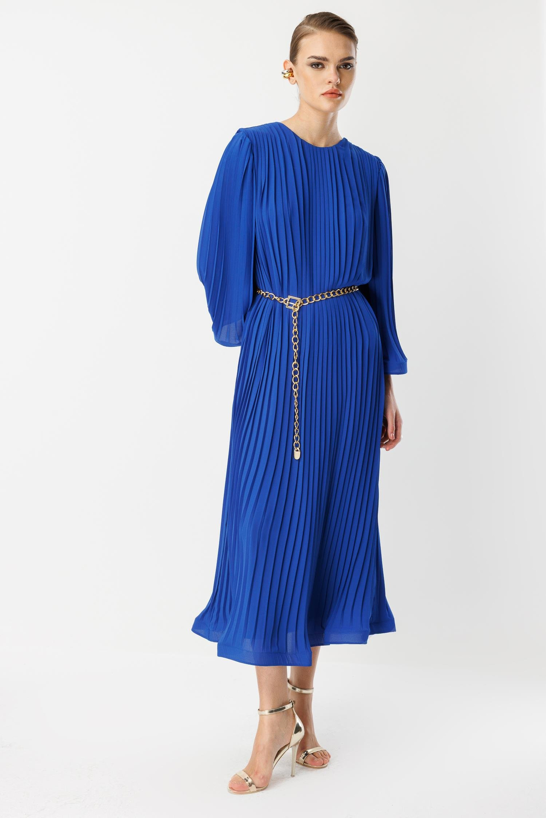 Nefeli Pleated Grainy Chain Belted Dress Blue