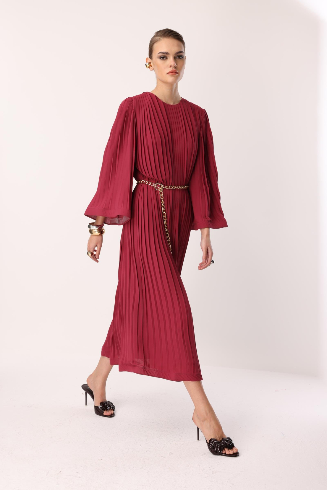 Piliseli Grenli Zincir Kemerli Elbise ROSE