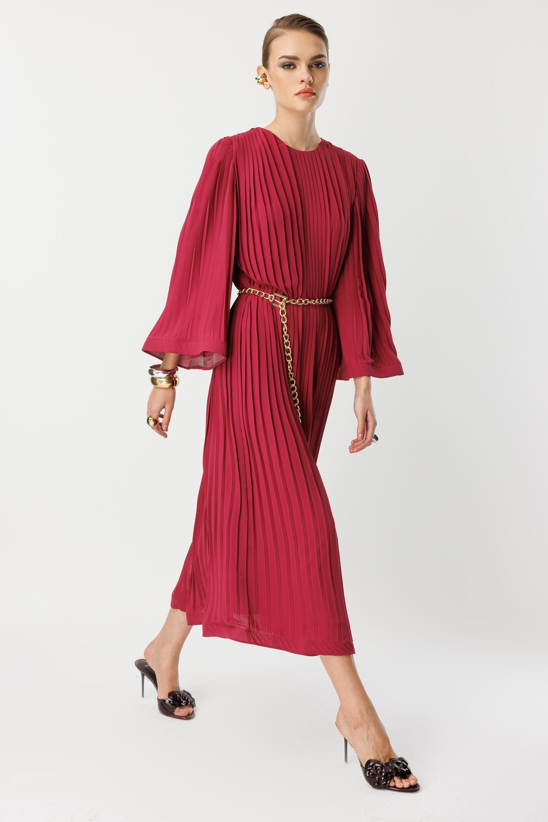 Piliseli Grenli Zincir Kemerli Elbise ROSE