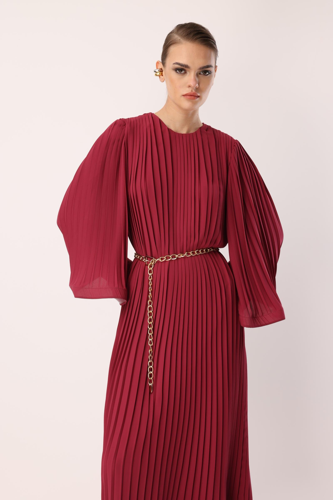 Piliseli Grenli Zincir Kemerli Elbise ROSE