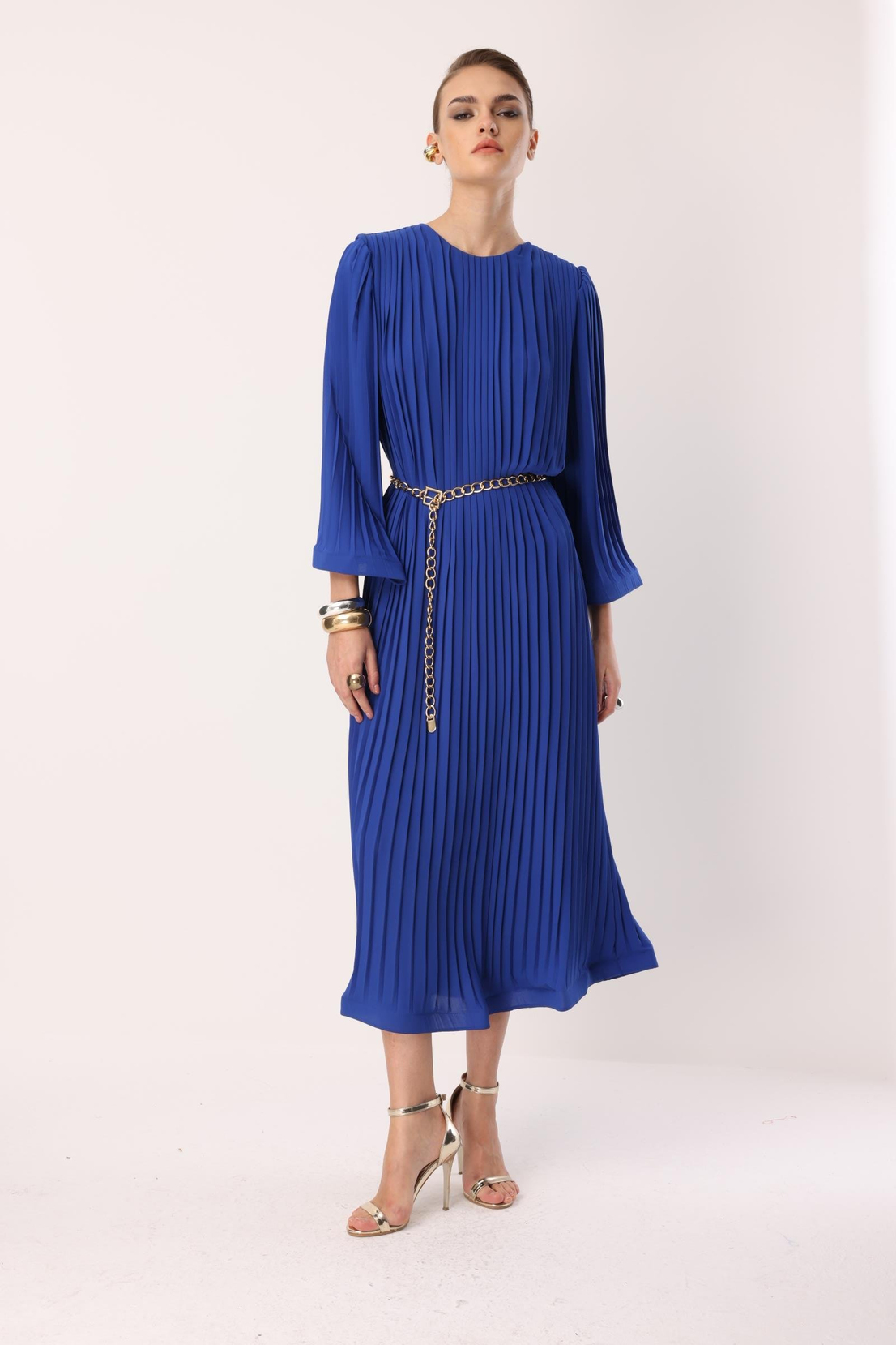 Nefeli Pleated Grainy Chain Belted Dress Blue