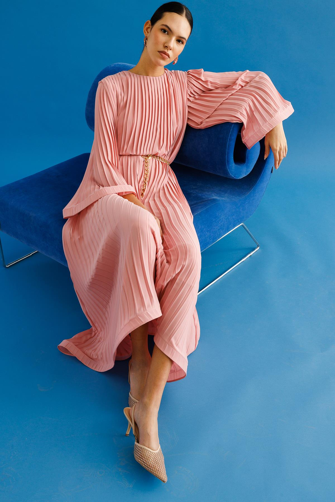 Piliseli Grenli Zincir Kemerli Elbise PUDRA