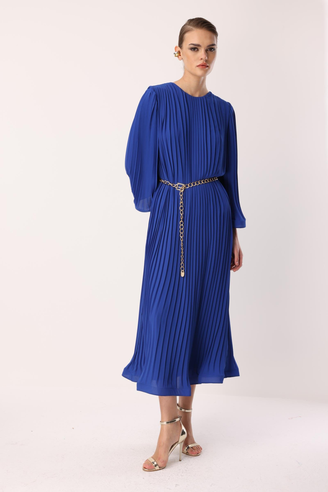 Nefeli Pleated Grainy Chain Belted Dress Blue