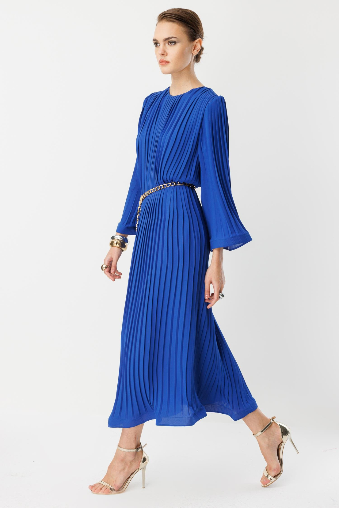 Nefeli Pleated Grainy Chain Belted Dress Blue