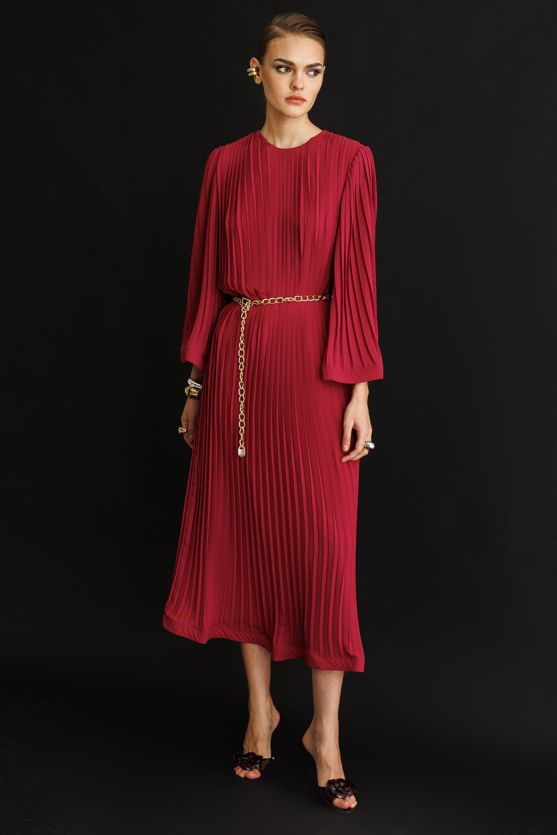 Piliseli Grenli Zincir Kemerli Elbise ROSE