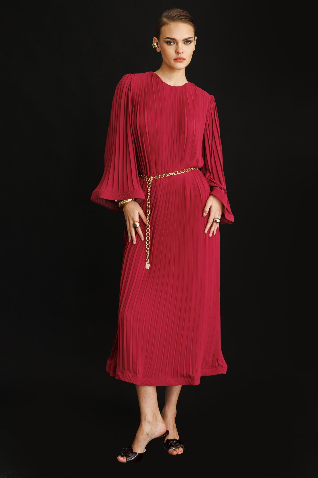 Piliseli Grenli Zincir Kemerli Elbise ROSE