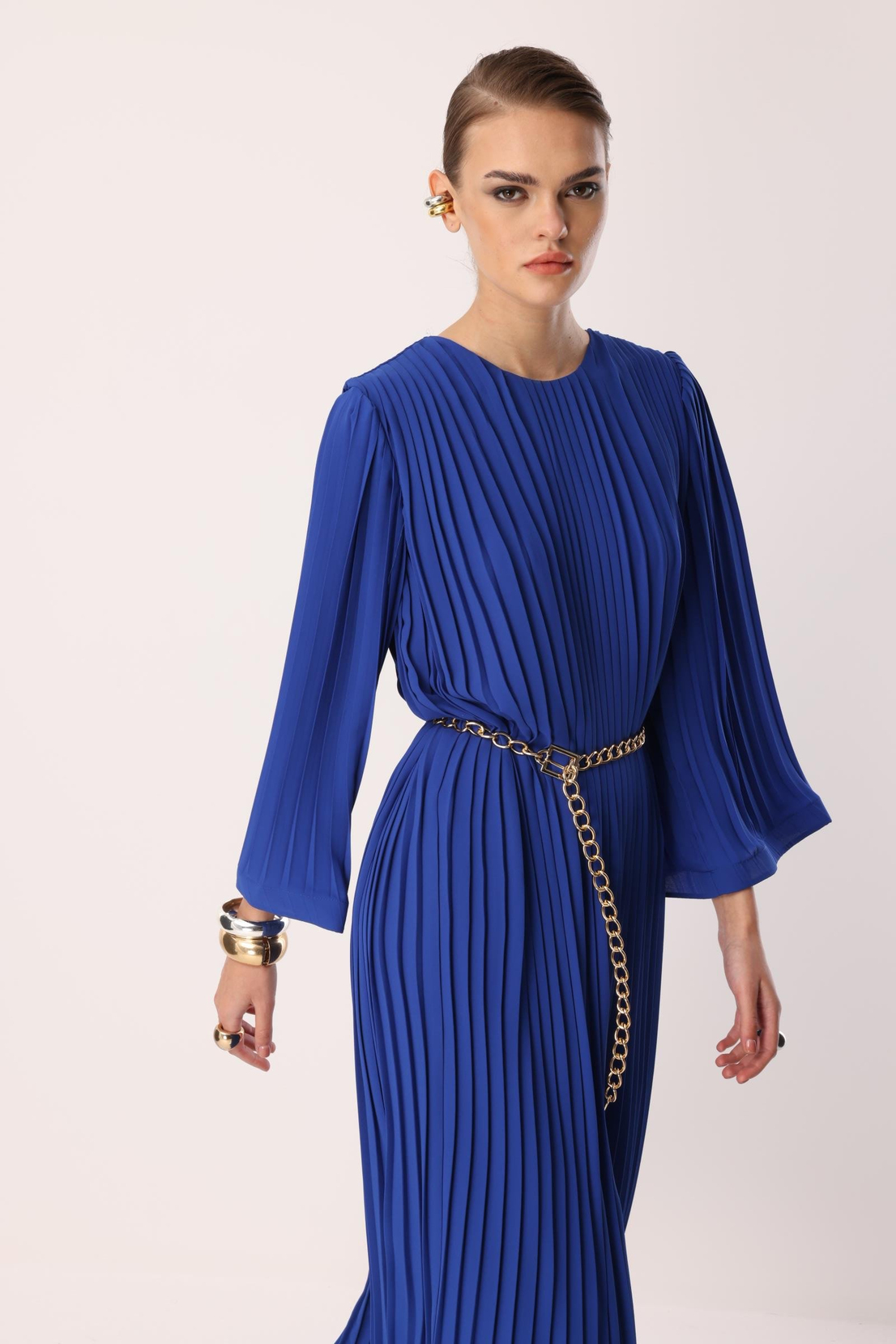 Nefeli Pleated Grainy Chain Belted Dress Blue