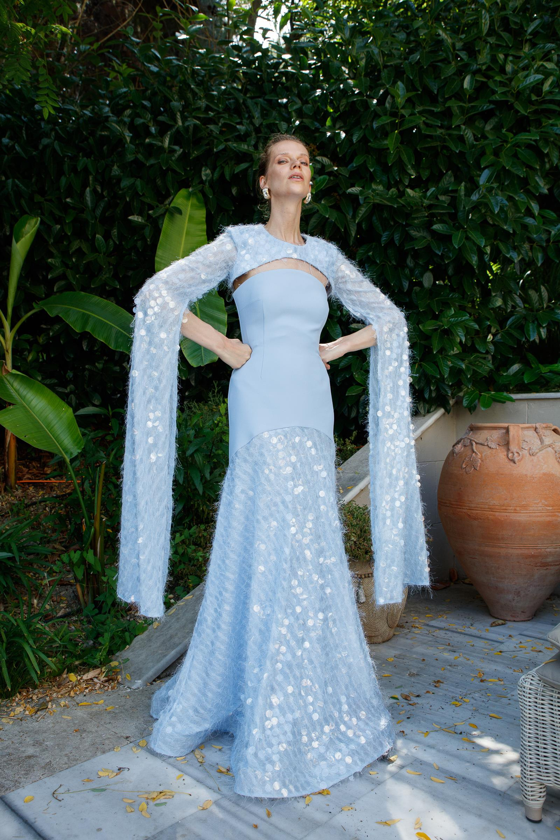 Şal Kol Payetli Pullu Üstü Krep Çıkarılabilir Pelerin Uzun Elbise AÇIK MAVİ