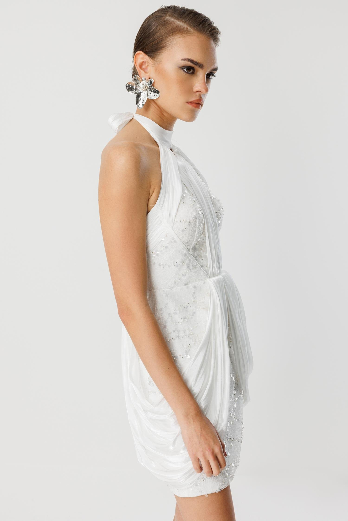 Saten Garnili Payetli Dekolte Detay Elbise EKRU