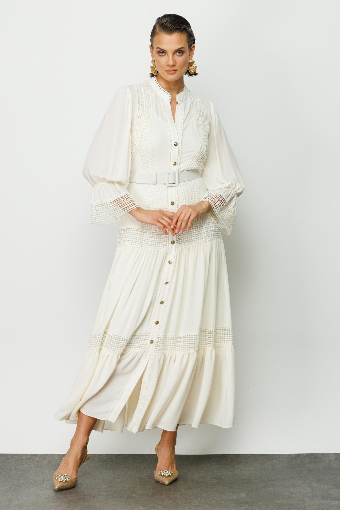 Şerit Dantelli Gömlek Elbise EKRU