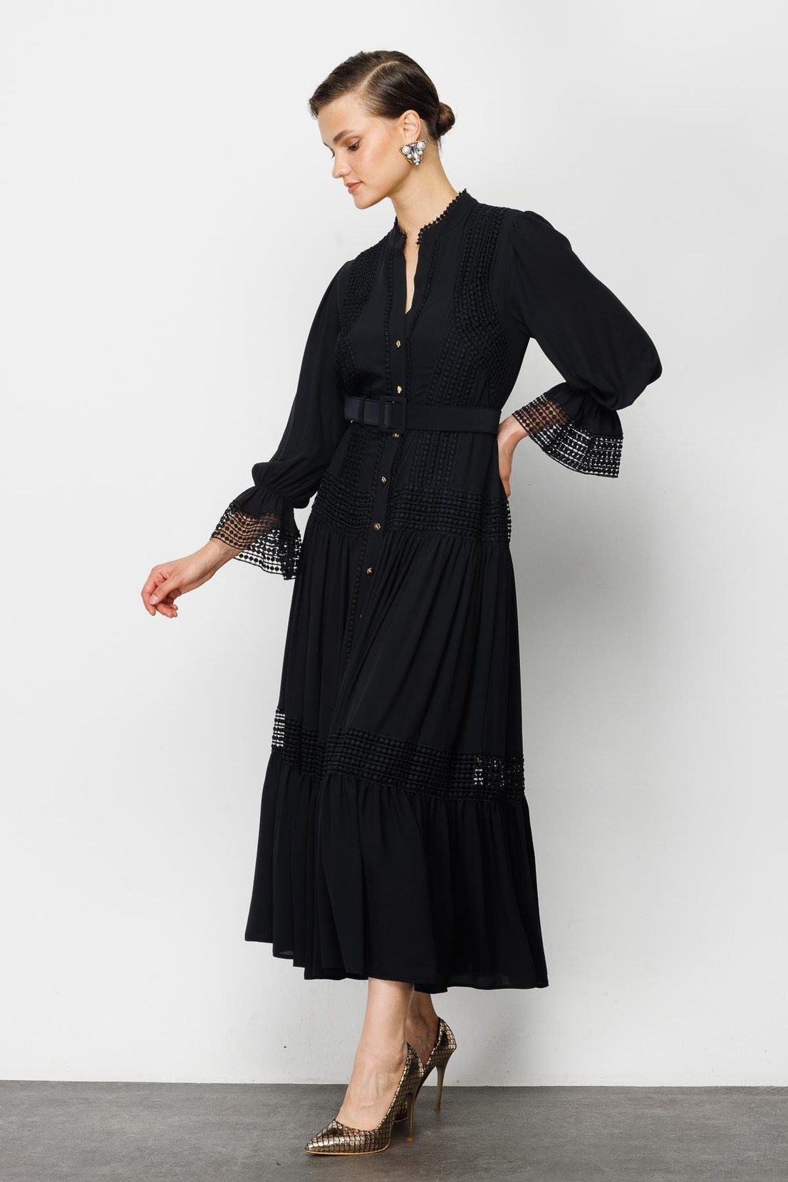 Şerit Dantelli Gömlek Elbise SİYAH