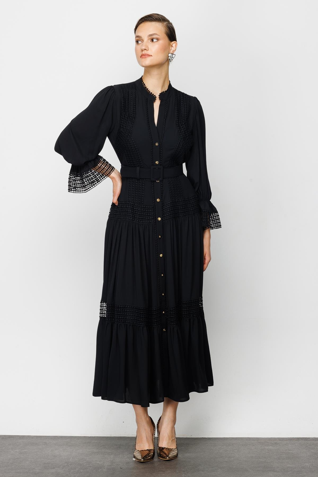 Şerit Dantelli Gömlek Elbise SİYAH