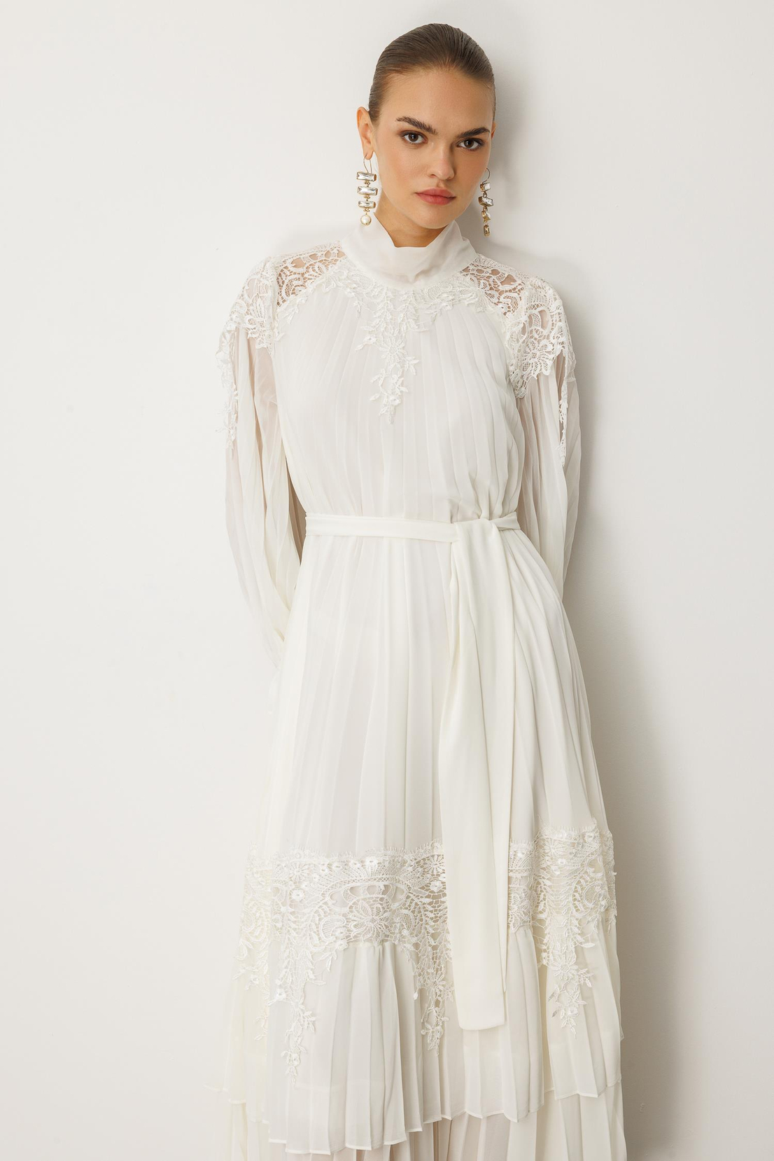 Şerit Dantelli Maxi Boy Soley Elbise EKRU