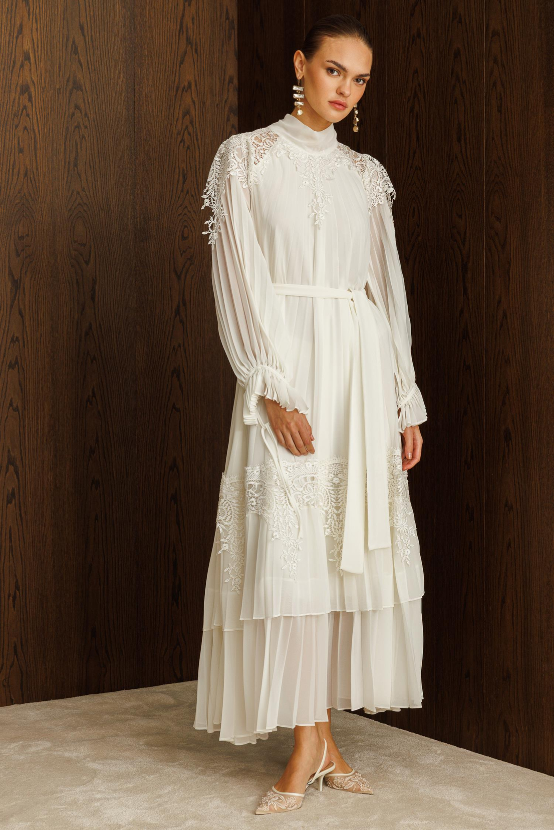 Şerit Dantelli Maxi Boy Soley Elbise EKRU