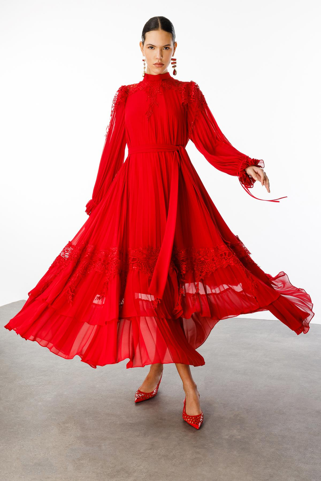 Şerit Dantelli Maxi Boy Soley Elbise KIRMIZI