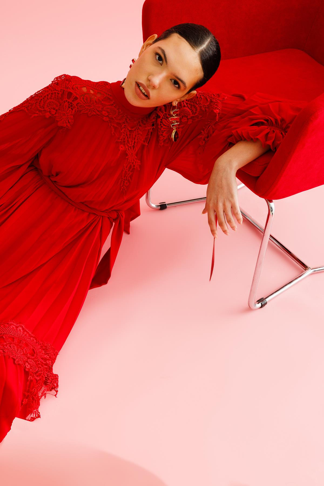 Şerit Dantelli Maxi Boy Soley Elbise KIRMIZI