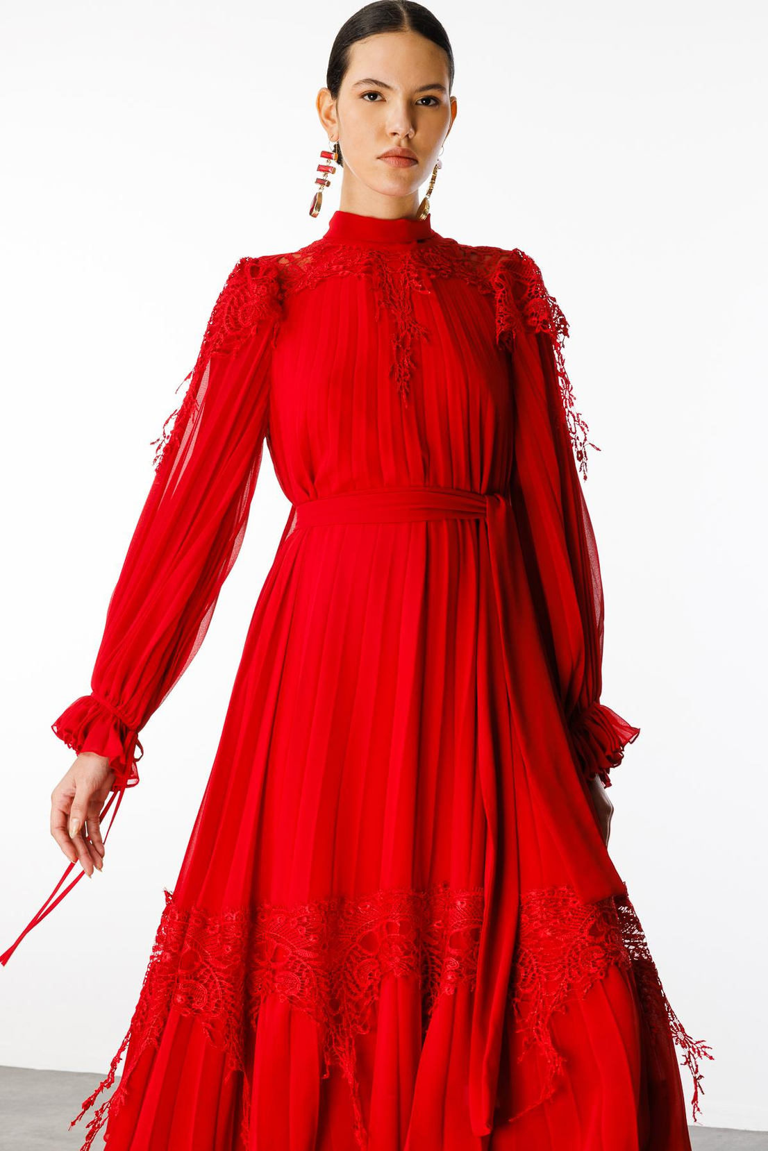 Şerit Dantelli Maxi Boy Soley Elbise KIRMIZI