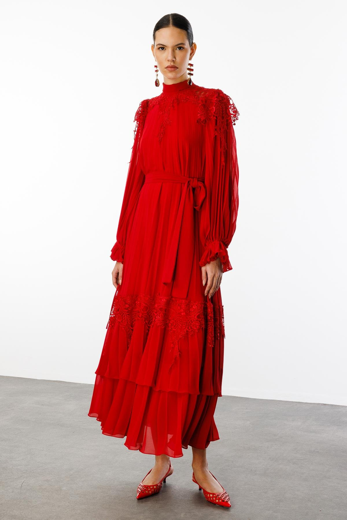 Şerit Dantelli Maxi Boy Soley Elbise KIRMIZI