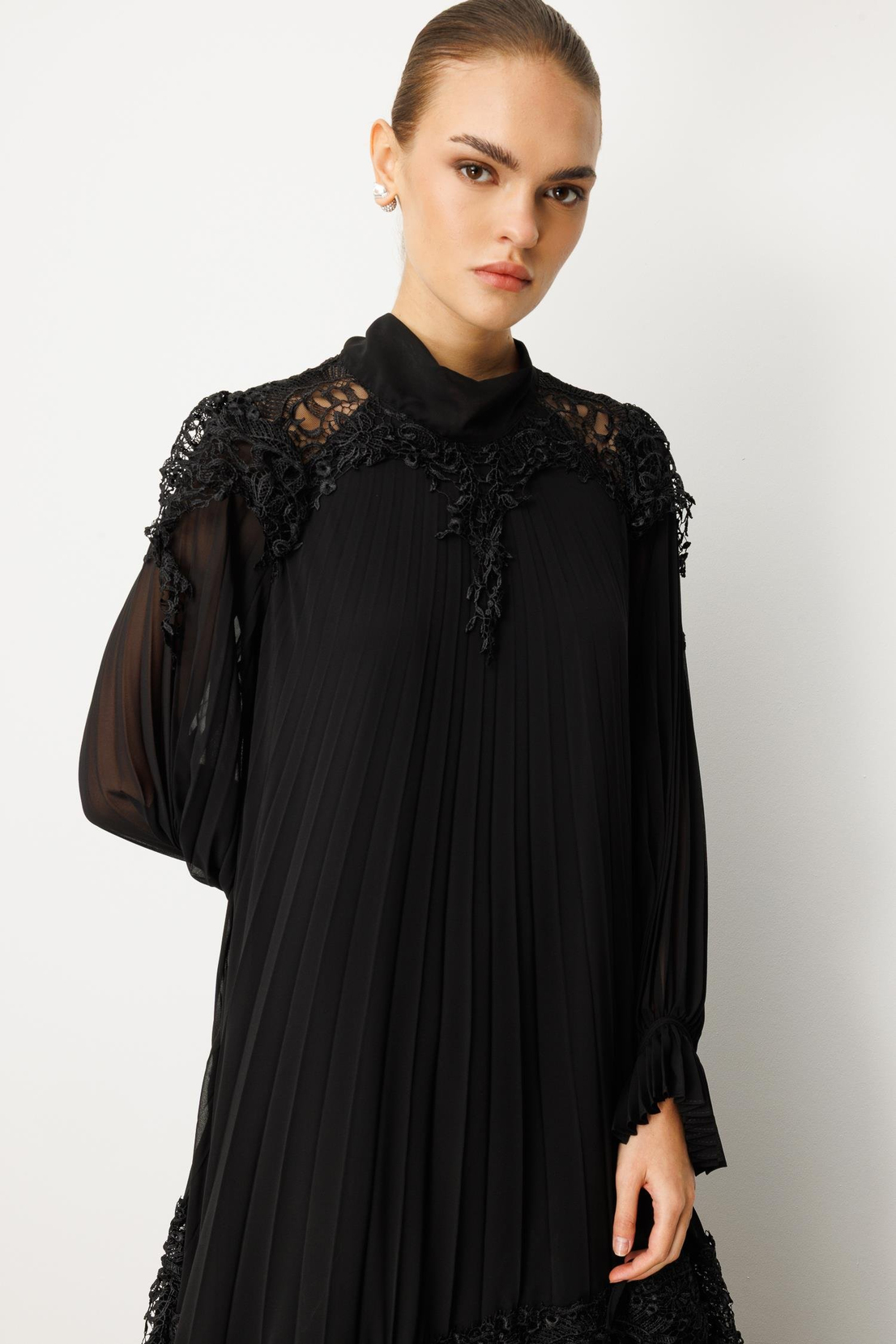 Şerit Dantelli Maxi Boy Soley Elbise SİYAH