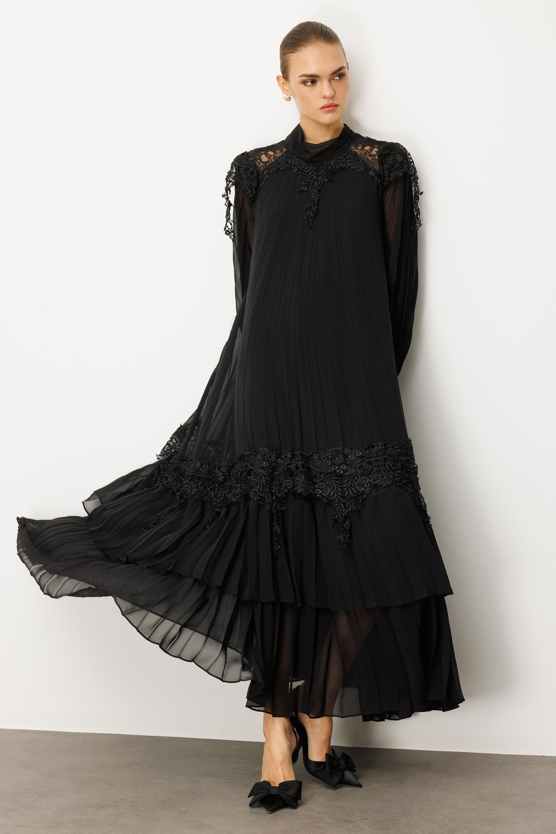 Şerit Dantelli Maxi Boy Soley Elbise SİYAH