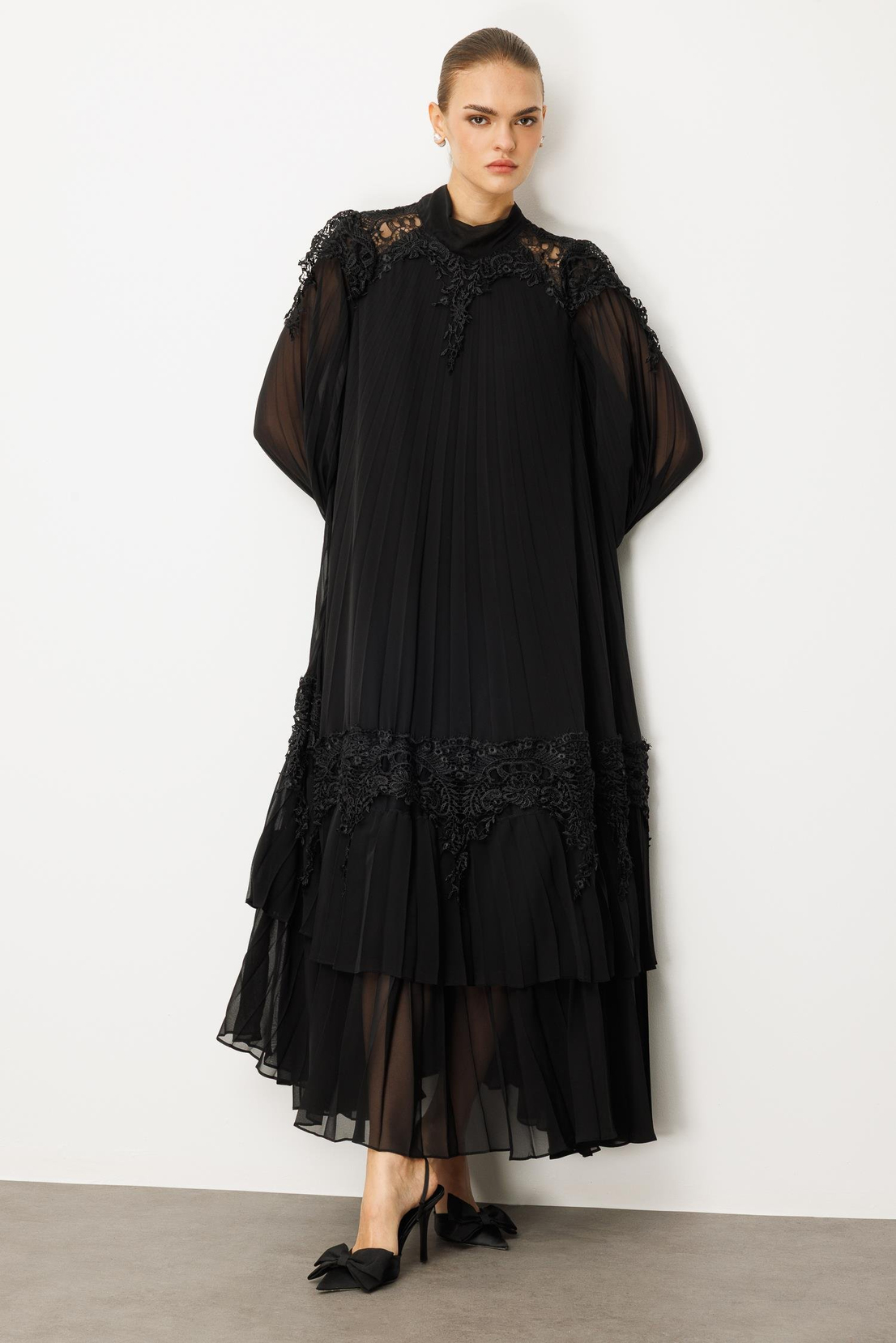 Şerit Dantelli Maxi Boy Soley Elbise SİYAH