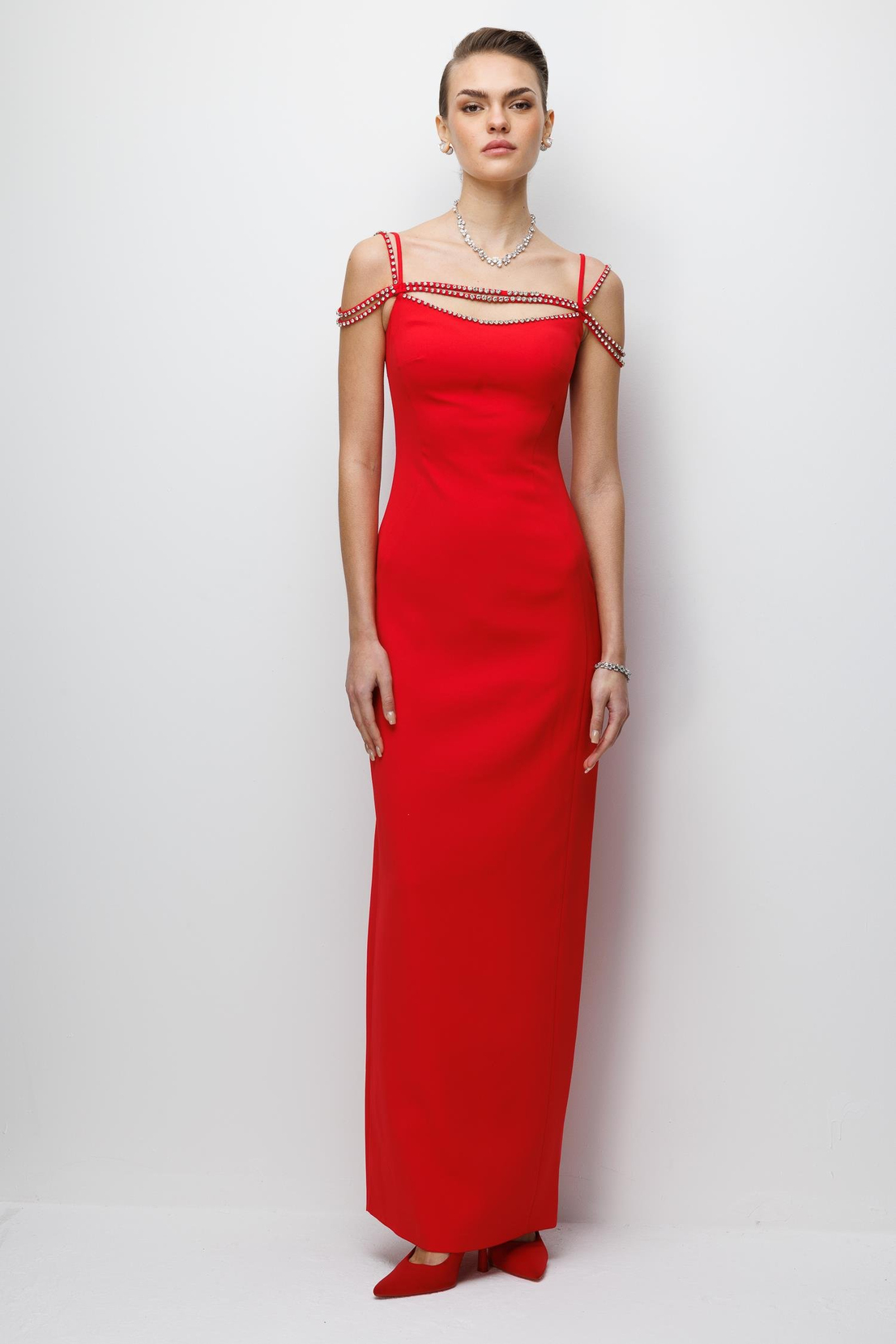 Şerit Taş Detaylı Maxi Boy Elbise KIRMIZI