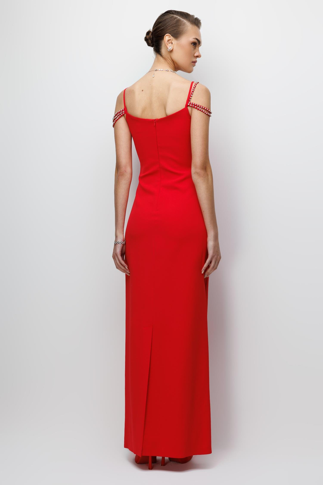 Şerit Taş Detaylı Maxi Boy Elbise KIRMIZI