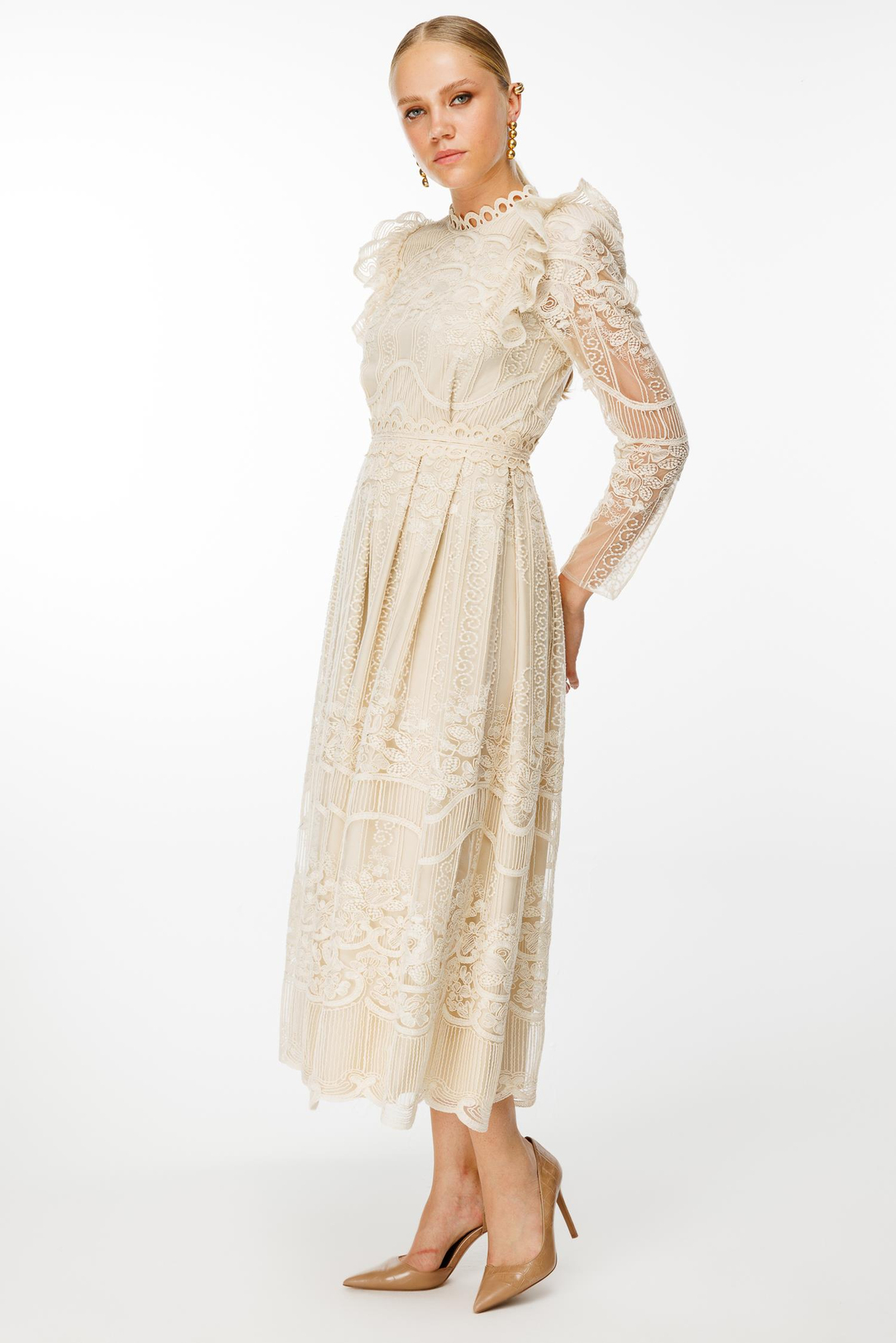 Şeritli Kollu Dantel Elbise BEJ