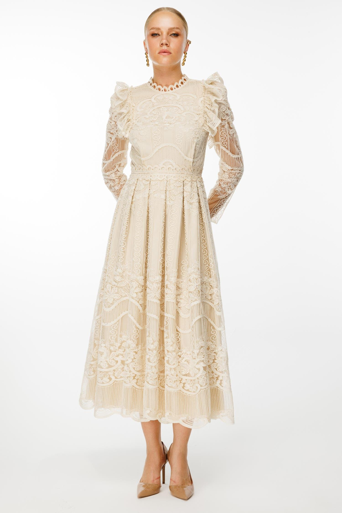 Şeritli Kollu Dantel Elbise BEJ