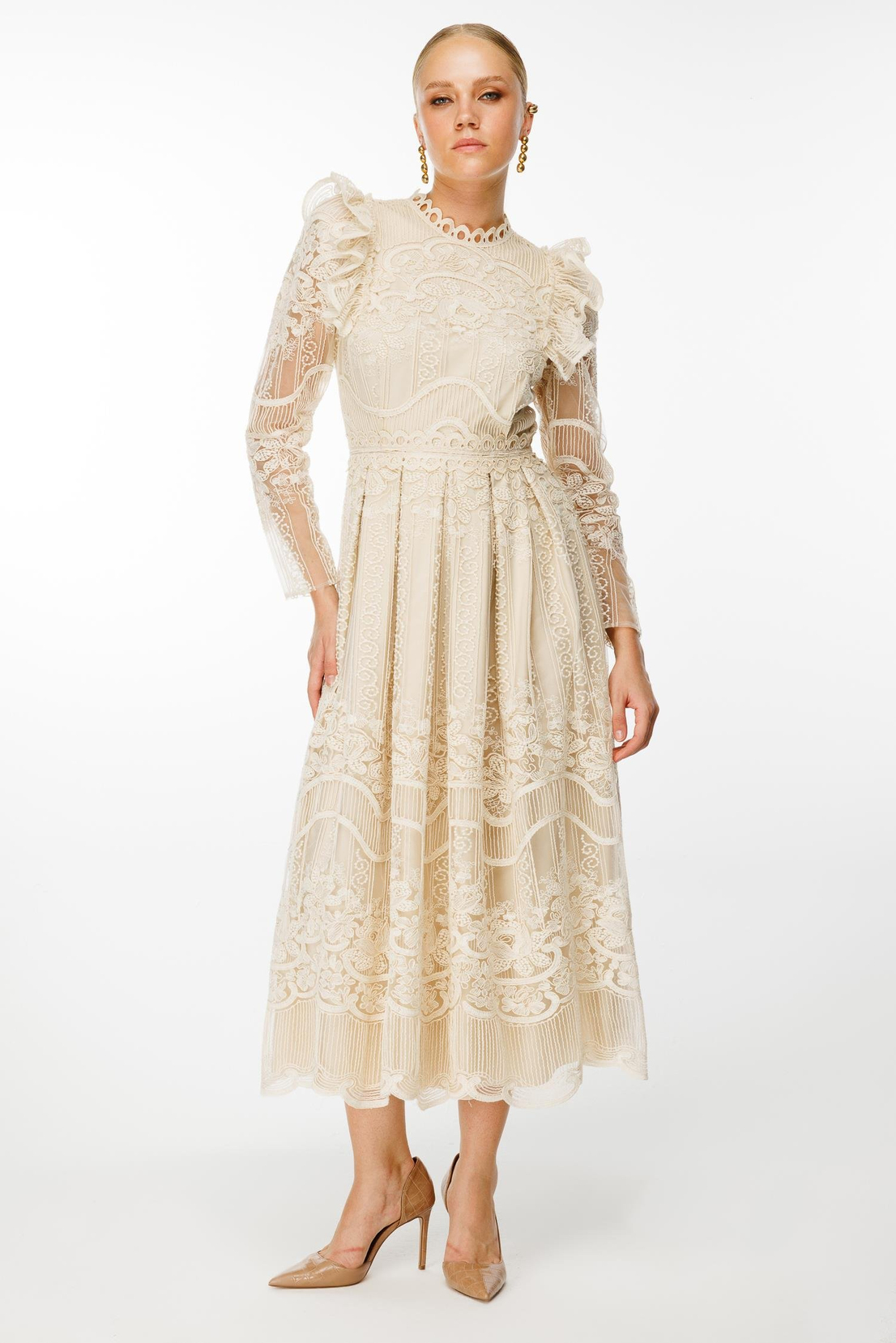 Şeritli Kollu Dantel Elbise BEJ