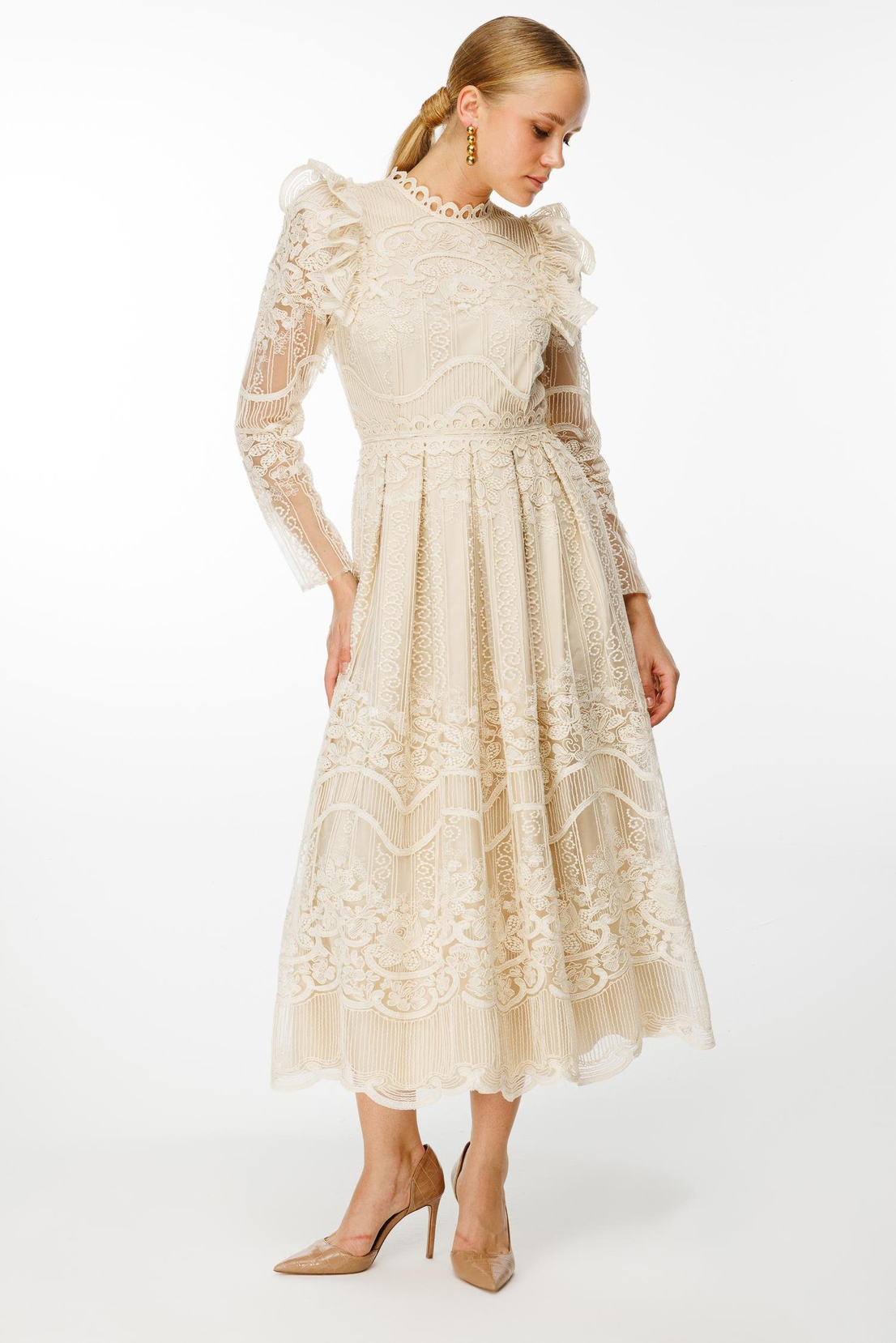 Şeritli Kollu Dantel Elbise BEJ