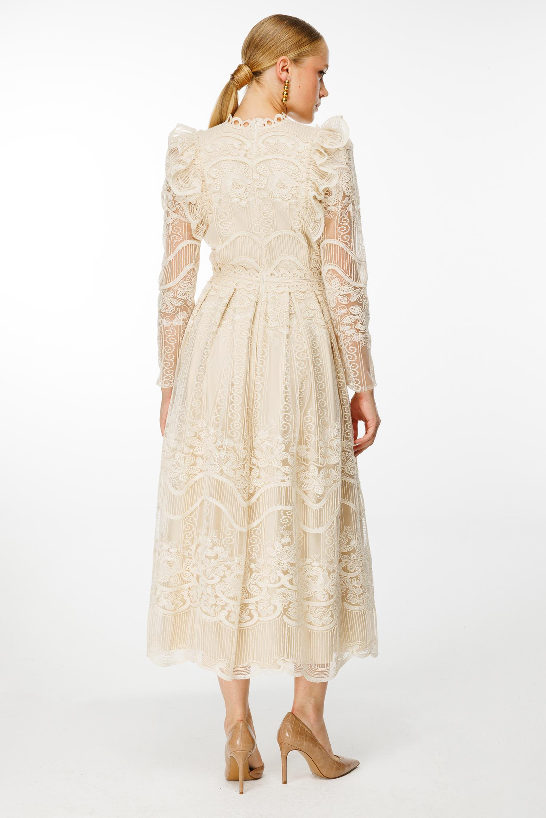 Şeritli Kollu Dantel Elbise BEJ