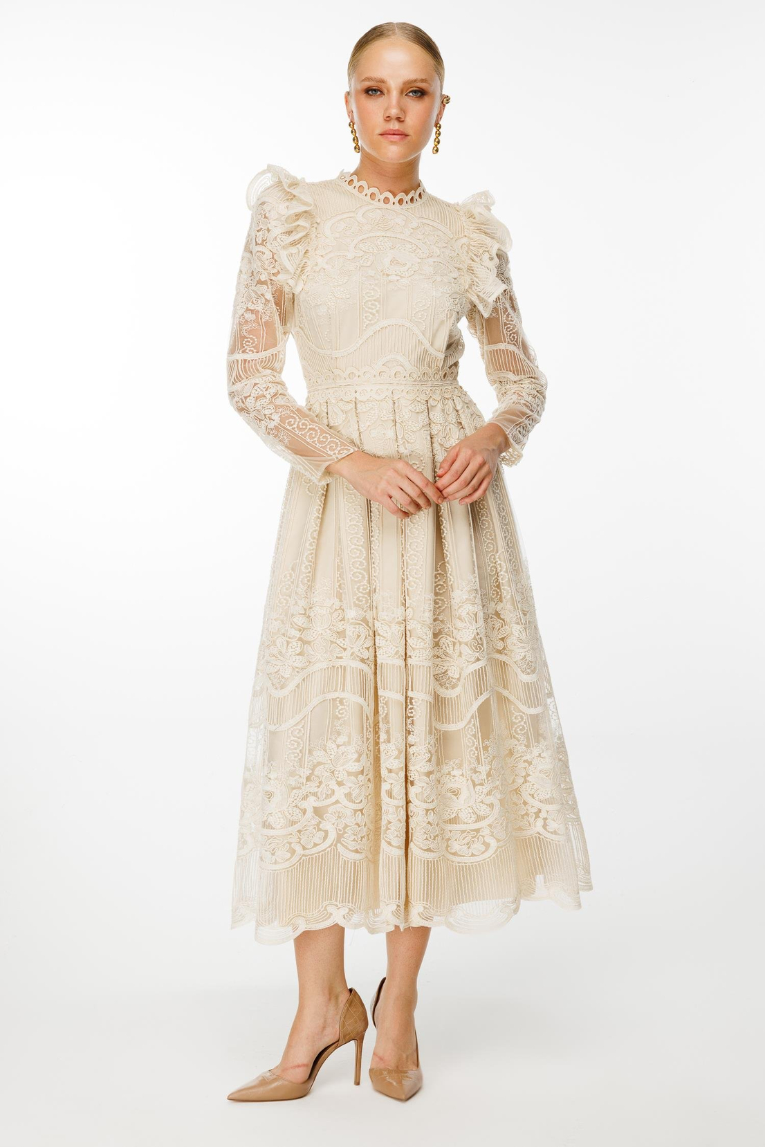 Şeritli Kollu Dantel Elbise BEJ