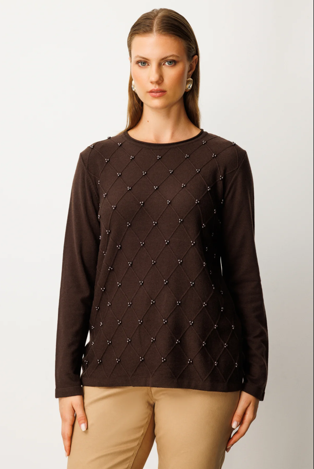 Sıfır Yaka Baklava Desenli Kazak KAHVE