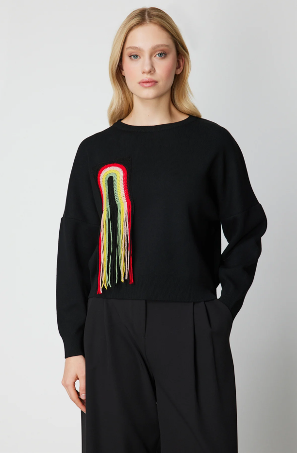 Sıfır Yaka Renkli Aksesuarlı Kazak SİYAH