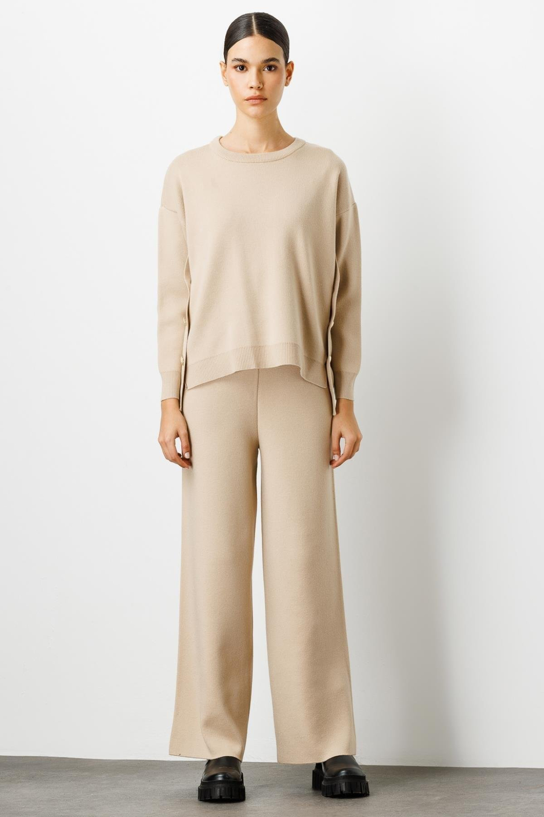 Sıfır Yaka Takma Kol Kazak BEJ