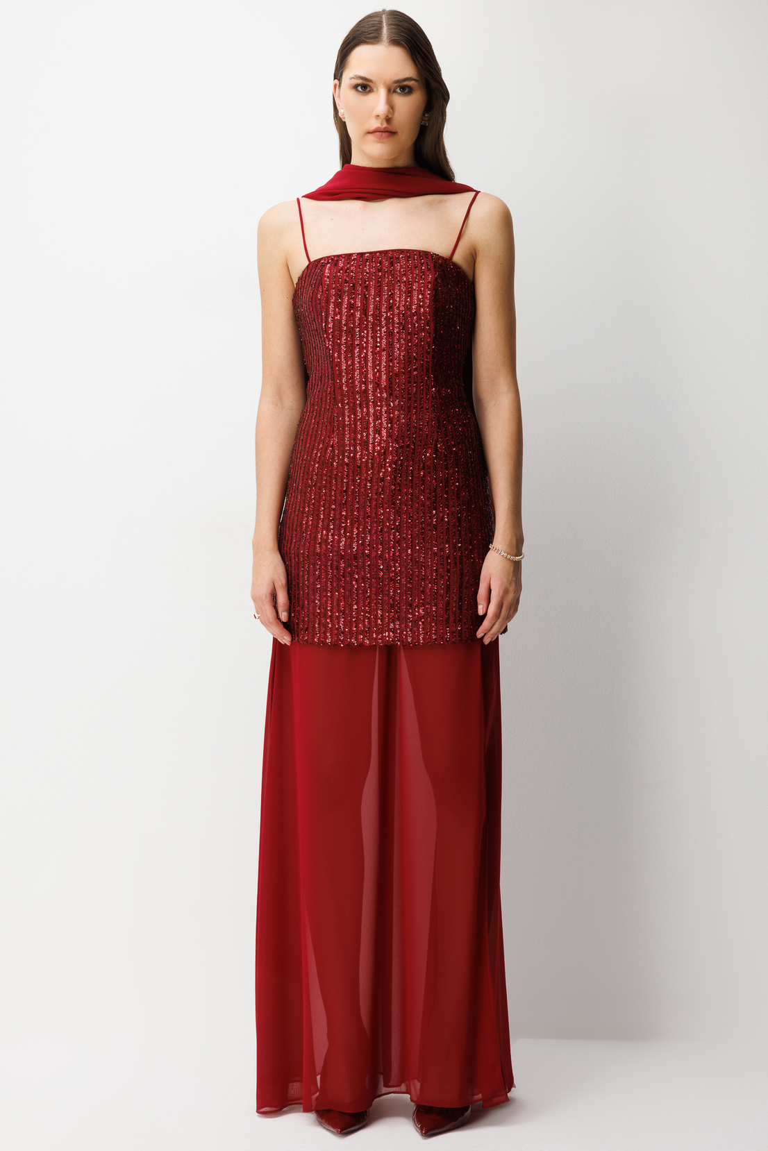 Şifon Şal ve Etek Set Mini Payetli Elbise BORDO