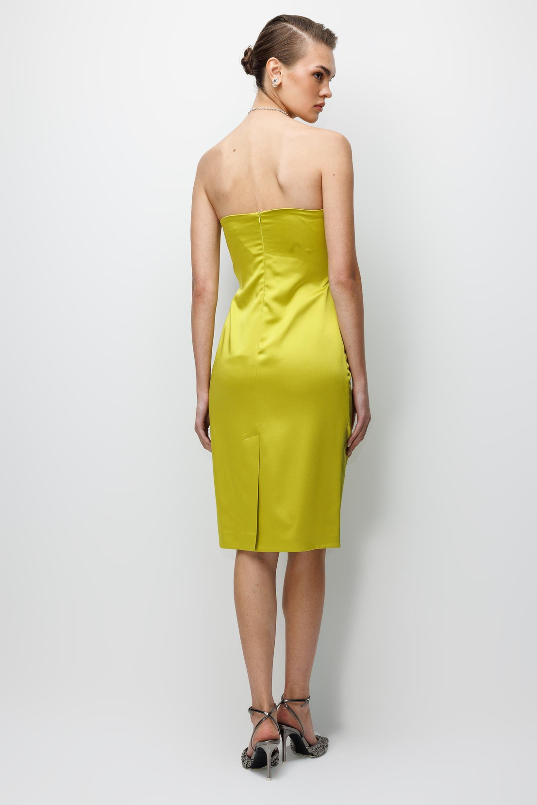 Straplez Fiyon Detaylı Elbise YAĞ YEŞİLİ